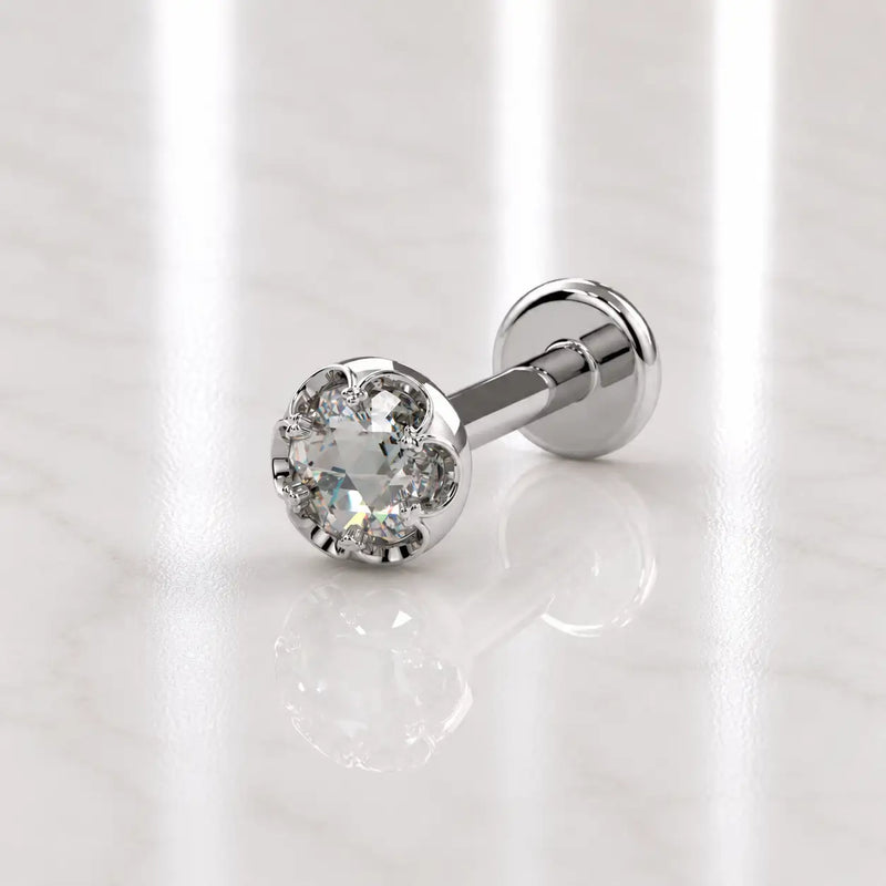 2.5mm Reina Rose Cut Diamond Flat Back Stud in 14K White Gold with crown-set Rose Cut Diamond - for cartilage, helix, tragus, and lobe piercings