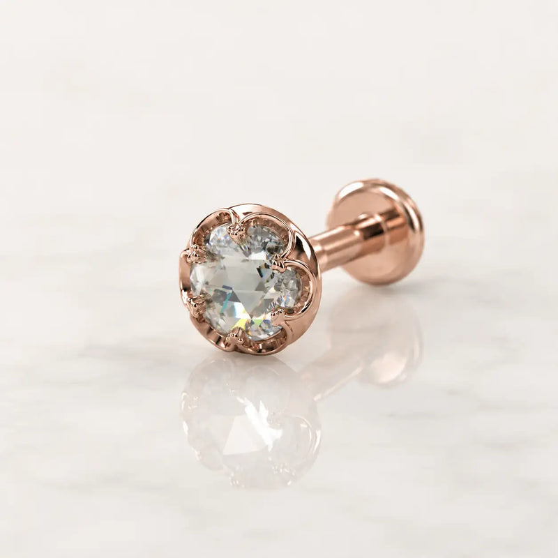 3mm Reina Rose Cut Diamond Flat Back Stud in 14K Rose Gold with crown-set Rose Cut Diamond - for cartilage, helix, tragus, and lobe piercings