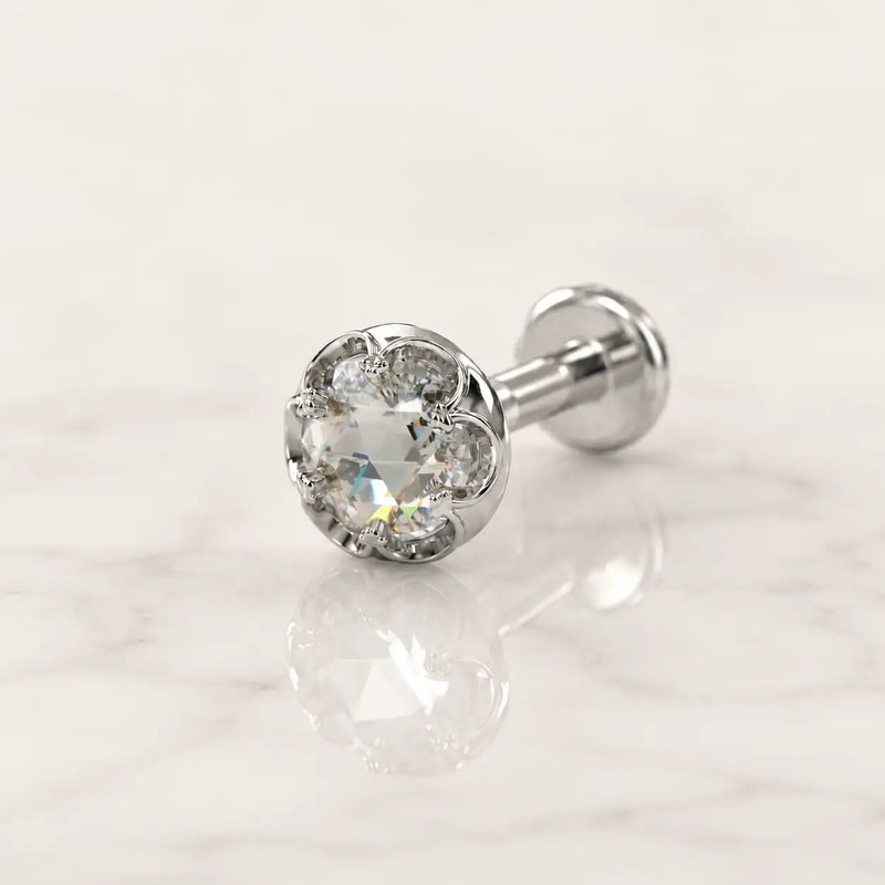 3mm Reina Rose Cut Diamond Flat Back Stud in 14K White Gold with crown-set Rose Cut Diamond - for cartilage, helix, tragus, and lobe piercings