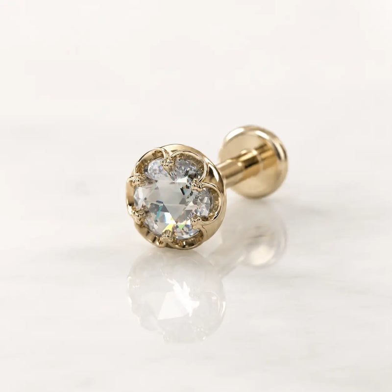 3mm Reina Rose Cut Diamond Flat Back Stud in 14K Yellow Gold with crown-set Rose Cut Diamond - for cartilage, helix, tragus, and lobe piercings