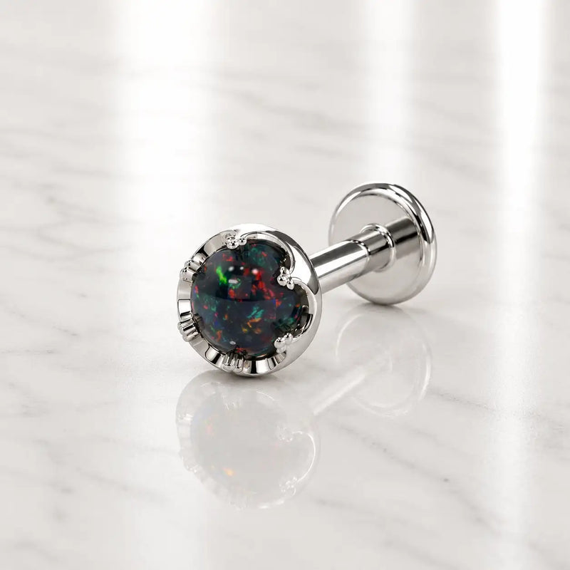 Reina Black Opal Nose Ring in 14K White Gold with crown-set Black Opal - for nostril piercings