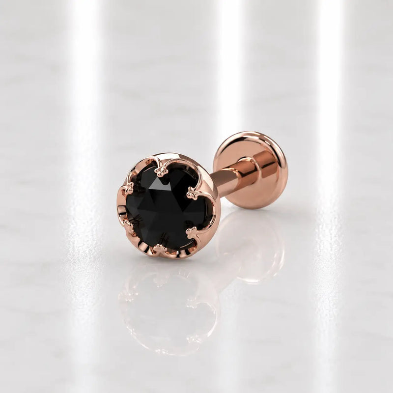 Reina Rose Cut Black Diamond Nose Ring in 14K Rose Gold with crown-set Rose Cut Black Diamond - for nostril piercings