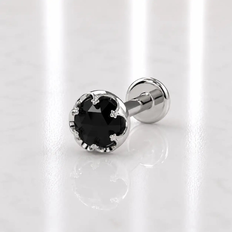 Reina Rose Cut Black Diamond Nose Ring in 14K White Gold with crown-set Rose Cut Black Diamond - for nostril piercings