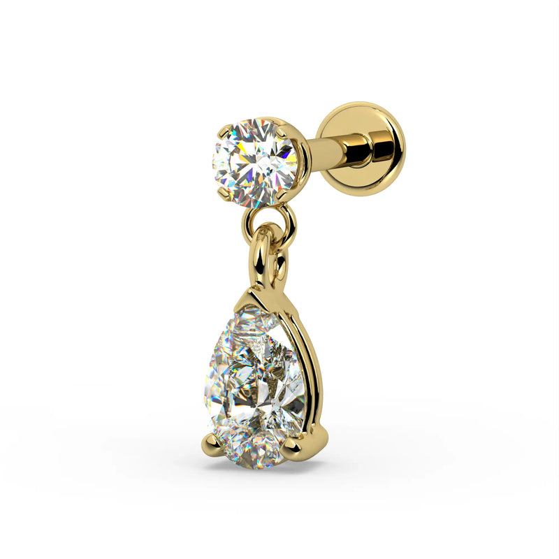 Side profile of 14k yellow gold diamond pear drop flat back stud showing post length and flat disc backing