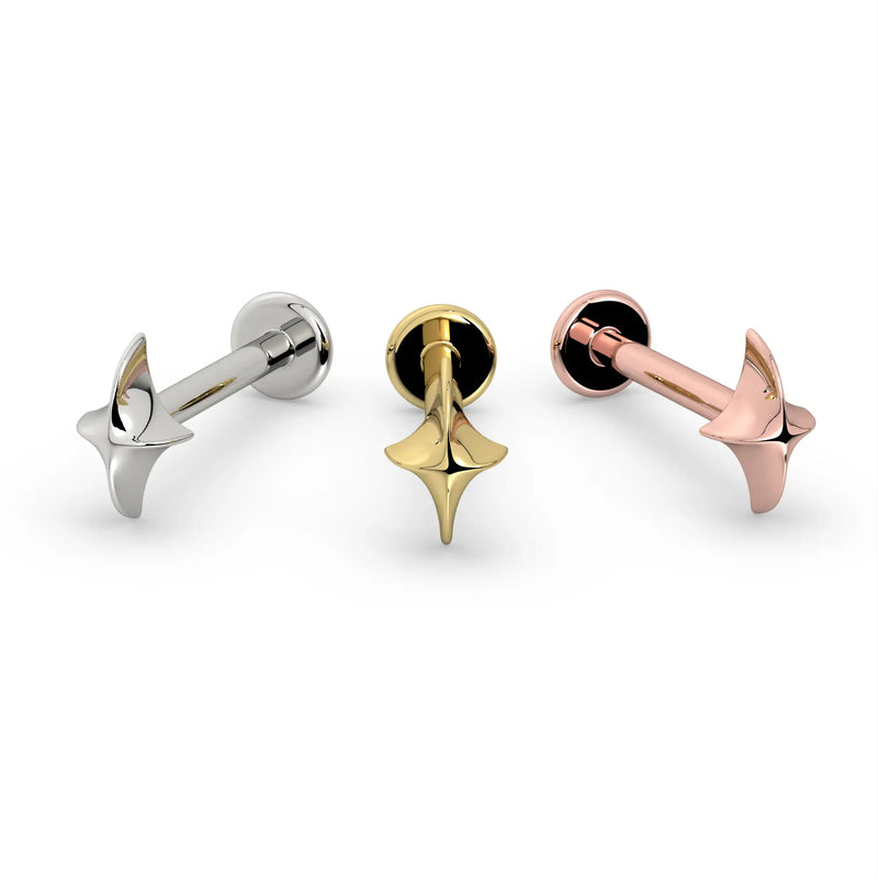 Sparkle flat back labret stud in 14k white gold, yellow gold, and rose gold shown side by side
