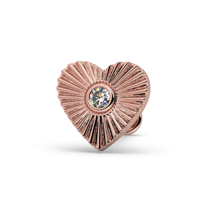 14k rose gold sunburst heart flat back stud with bezel-set diamond center, front view