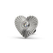 14k white gold sunburst heart flat back stud with bezel-set diamond, front view