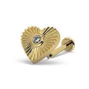 14k yellow gold sunburst heart flat back labret stud showing post and flat disc backing, side view
