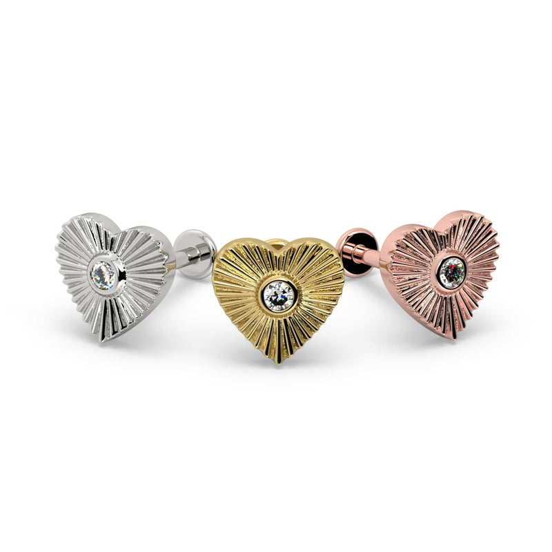 Diamond sunburst heart flat back stud in all three metal options: white gold, yellow gold, and rose gold