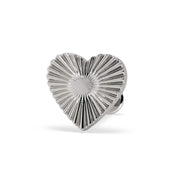 14k white gold sunburst heart flat back stud, front view highlighting polished ridged heart design