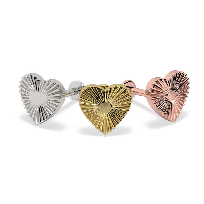 Sunburst heart flat back stud in all three metal options: 14k white gold, yellow gold, and rose gold