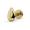 14k yellow gold teardrop flat back labret stud, angled view showing polished dome charm and disc backing