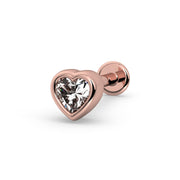 14k rose gold white sapphire heart flat back stud earring with bezel setting, angled view