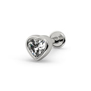 14k white gold white sapphire heart flat back stud earring with bezel setting, angled view