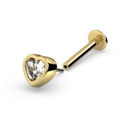 14k yellow gold white sapphire heart labret stud shown separated, displaying threaded post and flat back