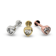 White sapphire heart flat back studs in 14k white, yellow, and rose gold side-by-side comparison