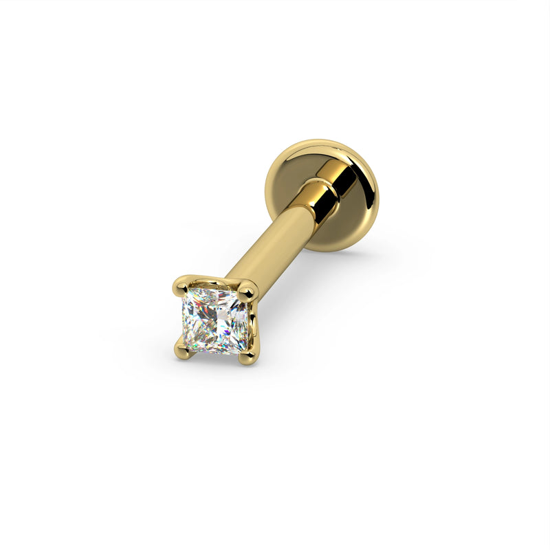 14k yellow gold princess-cut diamond flat back labret stud, angled product view showing post and flat disc backing