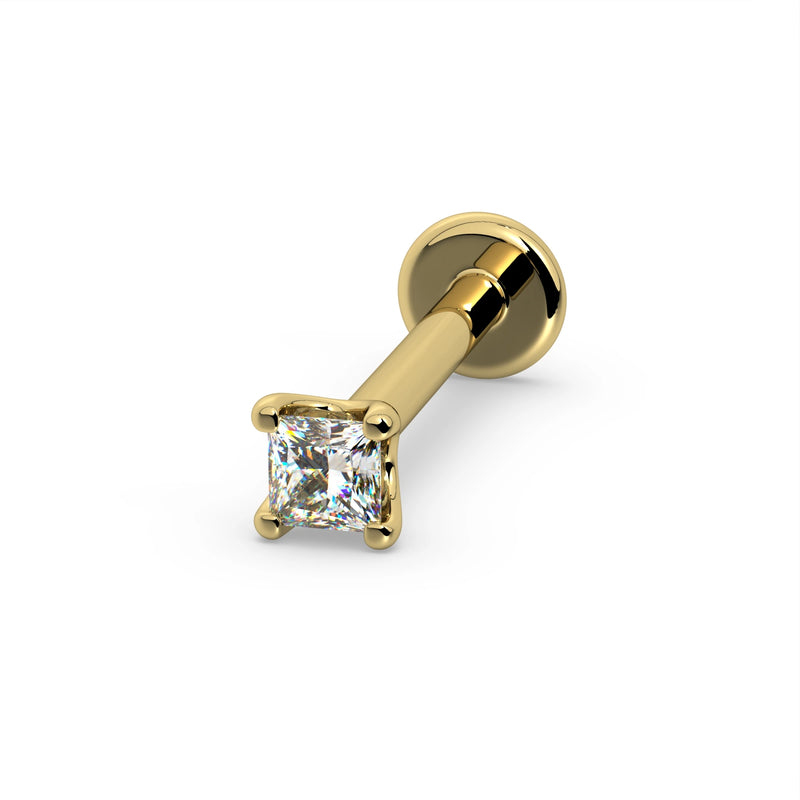 14k yellow gold princess-cut diamond flat back labret stud, angled view showing 3mm disc backing and post