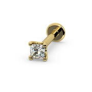 14k yellow gold 2mm princess-cut diamond flat back stud, angled view highlighting diamond faceting and prongs