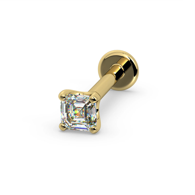14k yellow gold 2.3mm Asscher-cut diamond flat back labret, angled white-background product shot