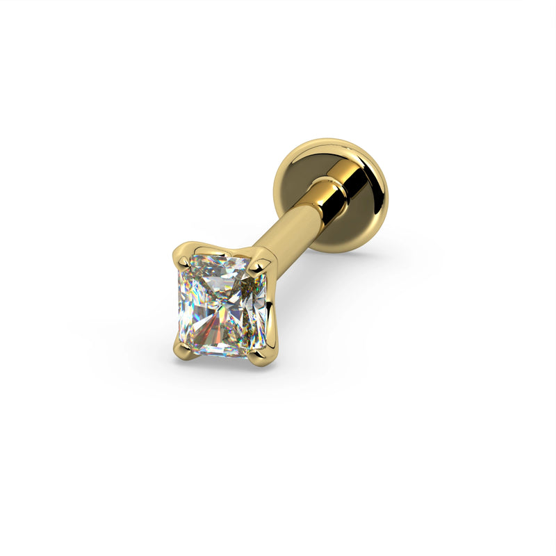 14k yellow gold radiant-cut diamond flat back labret, full product view on white showing post and disc