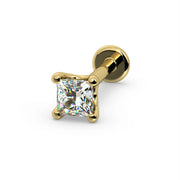 14k yellow gold princess-cut diamond flat back labret, angled view showing flat disc backing and post