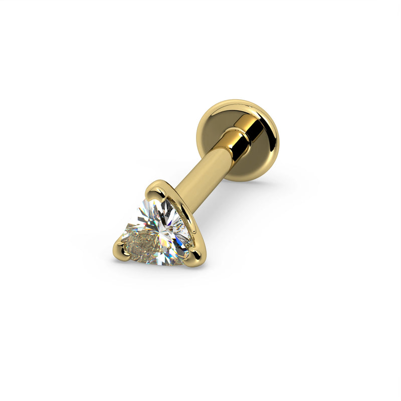 14k yellow gold trillion diamond flat back labret, side angle showing post length and flat disc backing
