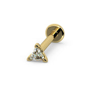 14k yellow gold 2.5mm triangle diamond flat back labret stud, clean angled view on white background