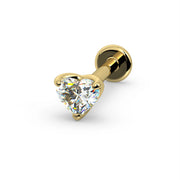 14k yellow gold 3mm heart diamond flat back labret stud, angled front view on white background
