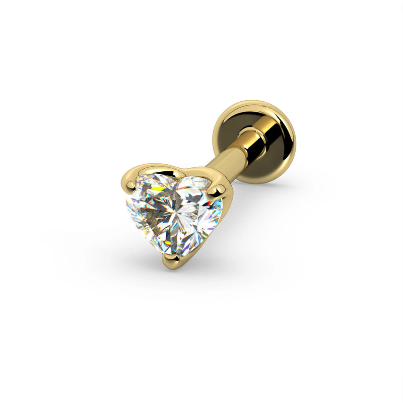 14k yellow gold 3mm heart diamond flat back labret stud, angled front view on white background