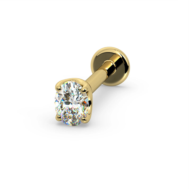 14k yellow gold 3mm oval-cut diamond flat back labret, elevated angled view showing threaded post and flat disc