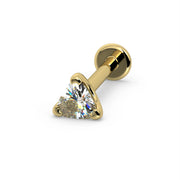 14k yellow gold trillion-cut diamond flat back labret stud, angled product view on white background
