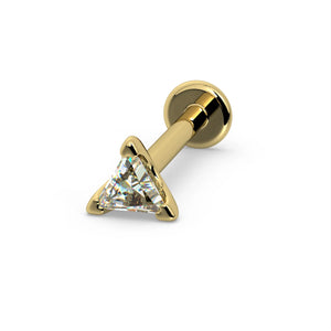 14k yellow gold triangle diamond flat back labret stud, angled product view on white background
