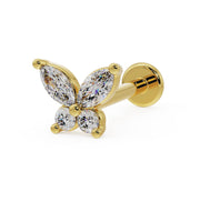 14k yellow gold diamond butterfly flat back labret stud with marquise and round diamond wings, angled view