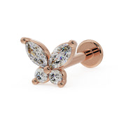 14k rose gold diamond butterfly flat back labret stud with marquise and round diamonds, angled front view