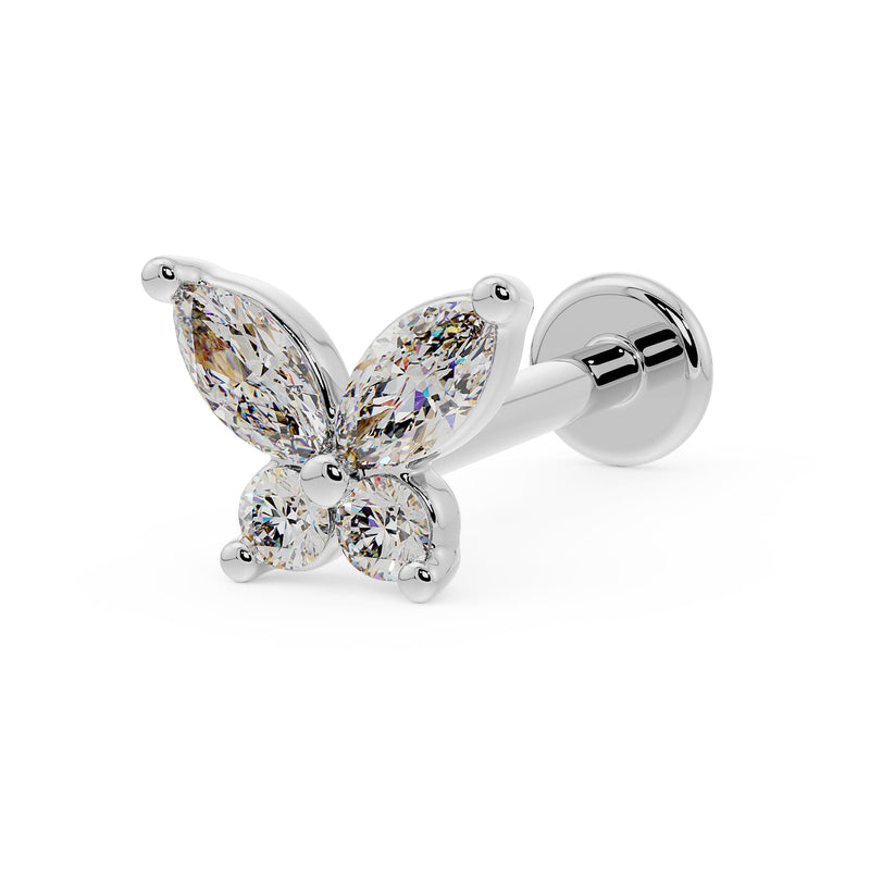 14k white gold diamond butterfly flat back labret stud with marquise and round diamonds, angled front view