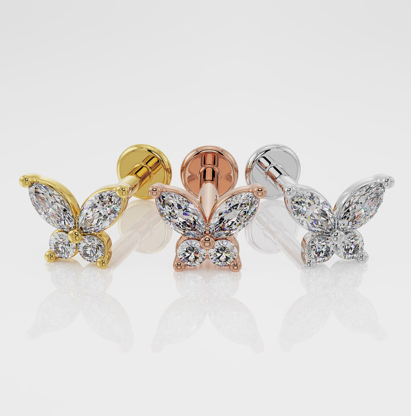 Diamond butterfly flat back stud in all three 14k gold options: yellow gold, rose gold, and white gold