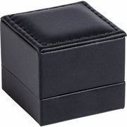 Black leather LED ring box closed, showing stitched lid and sleek exterior finish