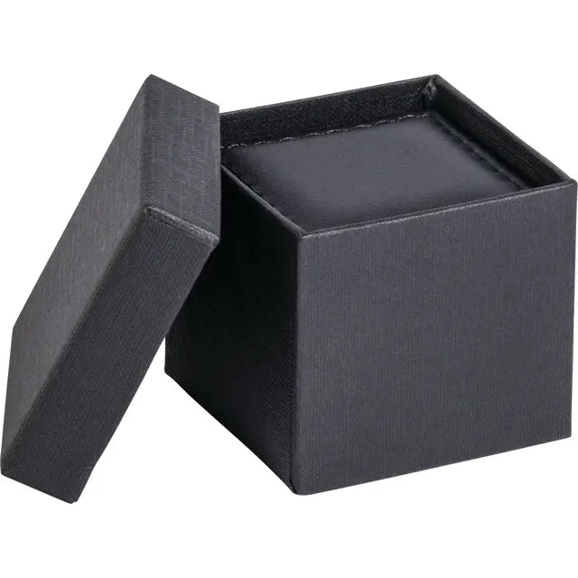 Black gift carton outer box open with lid removed, showing padded interior lining