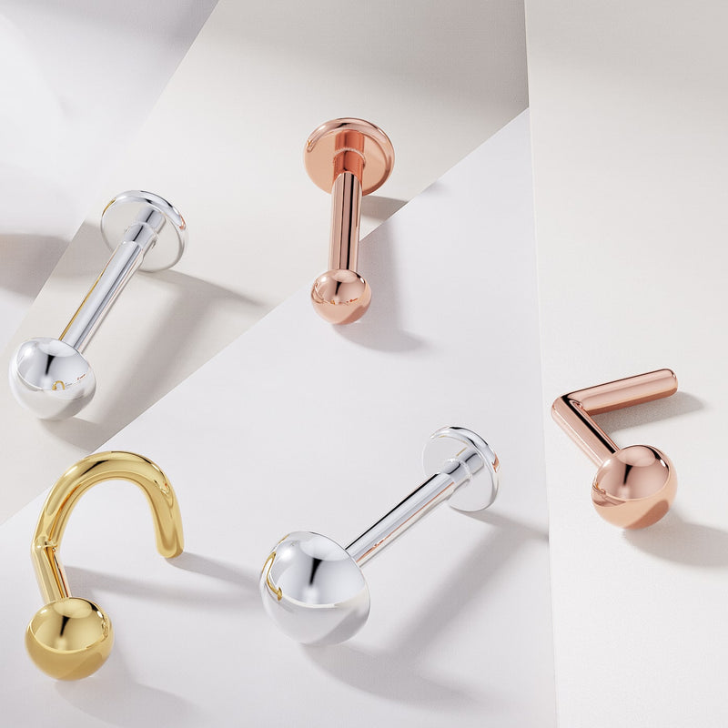 1.5mm dome nose ring in yellow gold, white gold, and rose gold showing multiple backing styles