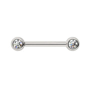 14k white gold CZ bezel nipple barbell with small bezel-set cubic zirconia ends, front view
