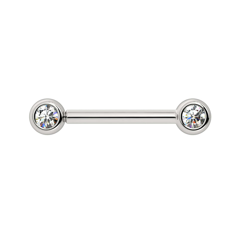 14k white gold CZ bezel nipple barbell with small bezel-set cubic zirconia ends, front view