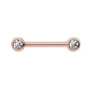14k rose gold VS1 diamond nipple barbell with dual bezel-set round diamonds, 3mm size, front view