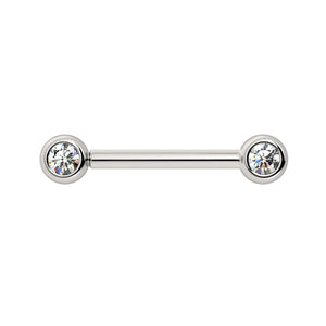 14k white gold VS1 diamond nipple barbell with dual bezel-set round diamonds, 3mm size, front view
