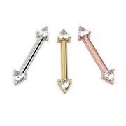 Trillion diamond nipple barbell shown in all three 14k gold colors: white, yellow, and rose gold