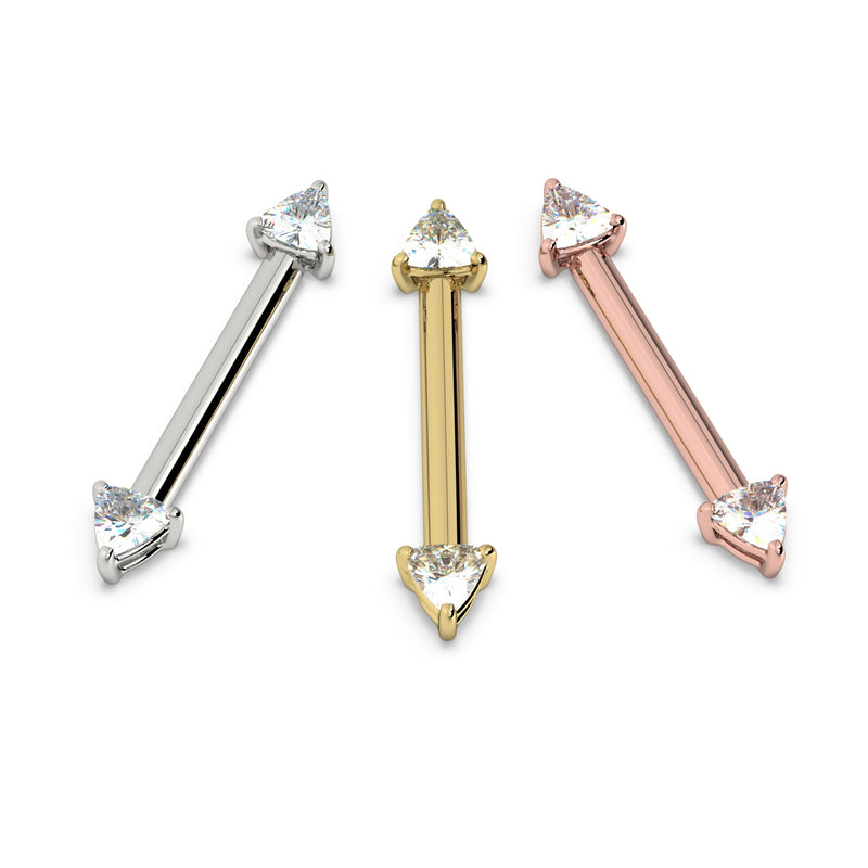 Trillion diamond nipple barbell shown in all three 14k gold colors: white, yellow, and rose gold