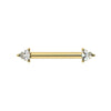 14k yellow gold nipple barbell with dual trillion-cut diamonds in prong settings, front view