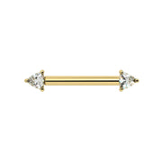14k yellow gold nipple barbell with dual trillion-cut diamonds in prong settings, front view
