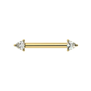 14k yellow gold nipple barbell with dual trillion-cut diamonds in prong settings, front view
