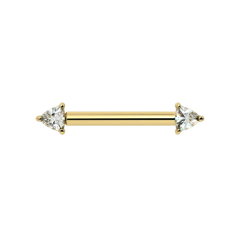 14k yellow gold nipple barbell with dual trillion-cut diamonds in prong settings, front view